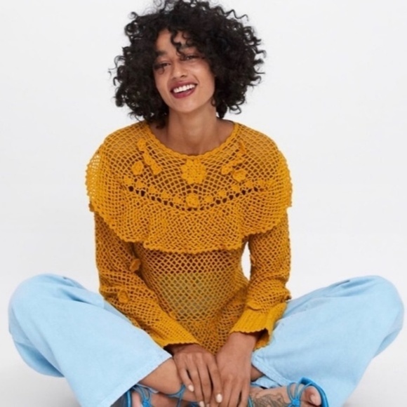 NWT Zara Mustard Crochet Knit Sweater Ruffle - Picture 3 of 6